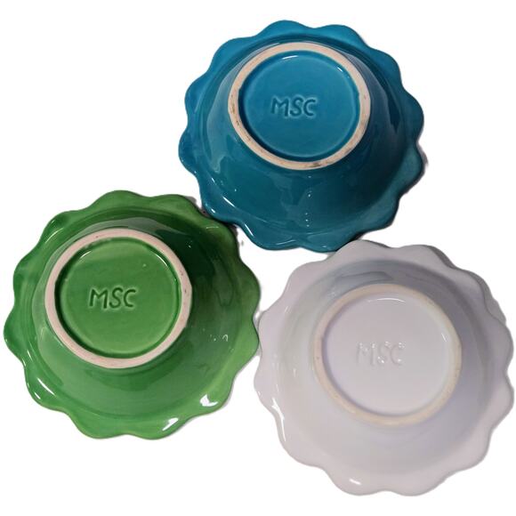 MSC 3- Small Mt. Clemens Pottery Bowls Blue/Green/White Scalloped Floral-Shaped - Picture 5 of 6